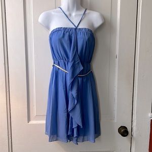 Cute periwinkle color sun dress, with silver chain belt